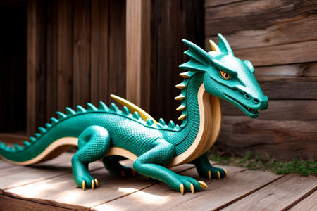 Green dragon toy on a wooden background, close-up, copy spaceの素材