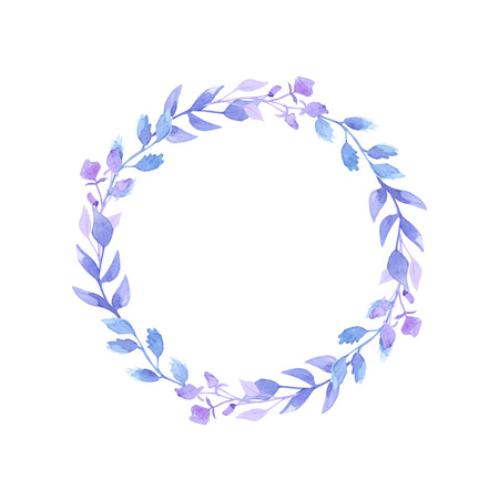 Watercolor wreath of beautiful delicate lilac flowers. For decoration of wedding invitations. Freehand drawing. Spring mood. There is a place for text.の写真素材