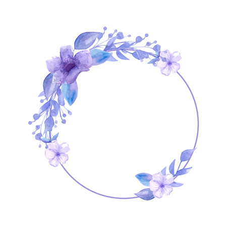 Watercolor wreath of beautiful delicate lilac flowers. For decoration of wedding invitations. Freehand drawing. Spring mood. There is a place for text.の写真素材