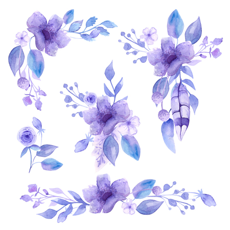 Watercolor compositions and bouquets of watercolor tender lilac flowers. For registration of cards, notebooks, invitation. Isolates. Spring and wedding themes.の写真素材