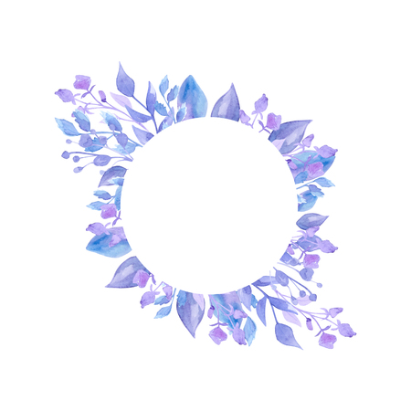 Watercolor wreath of beautiful delicate lilac flowers. For decoration of wedding invitations. Freehand drawing. Spring mood. There is a place for text.の写真素材