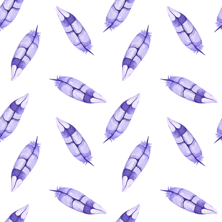Watercolor pattern with watercolor feathers and flowers on a white background. Well suited for printing on fabrics. Colors lilac and blue.の写真素材