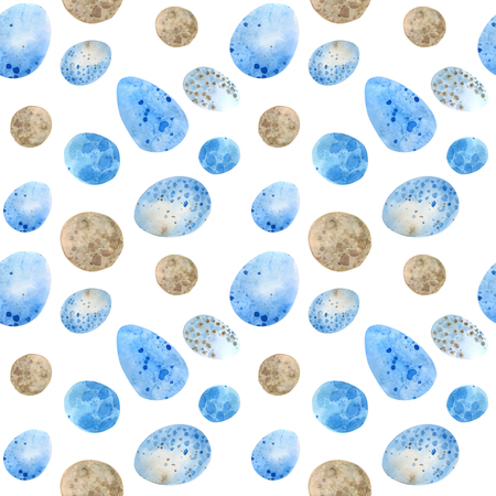 Seamless pattern. Easter eggs, blue watercolor eggs, background white speckled. Watercolor drawing by hand.の写真素材