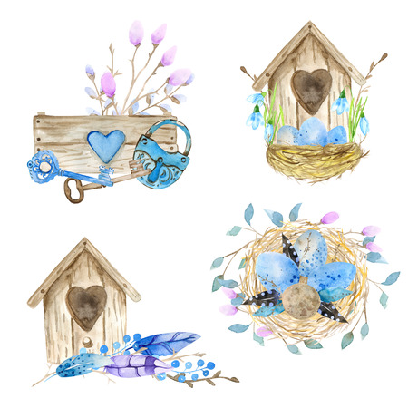 Set of decorative hand drawn Easter doodle elements for design. kit with watercolor texture.の写真素材
