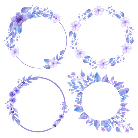 Set of gray wreaths and frames. Floral wreaths for decoration and invitation cards. Handmade Watercolor. Provence flowers tender wedding ceremony postersの写真素材