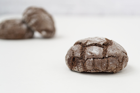 Chocolate marble cookies on a white background. There is a place for text. Cooking concept.の写真素材