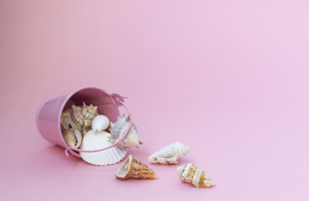 Sea shells of various sizes are scattered from a pink bucket on a pink background, empty space to the right. Maritime themesの写真素材