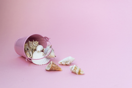 Sea shells of various sizes are scattered from a pink bucket on a pink background, empty space to the right. Maritime themesの写真素材