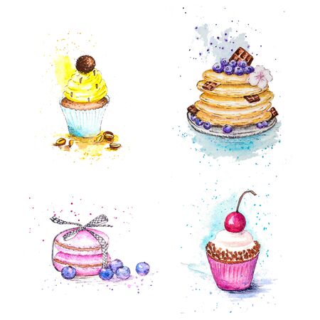 Set of watercolor cards from pastries and sweets. Stylized pictures with blots and splashes on a white background.の写真素材