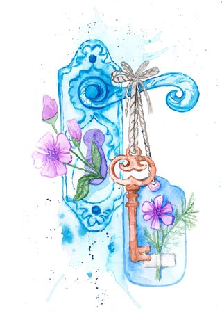Freehand watercolor drawing. The brown key weighs on the doorknob. A flower peeps out of the keyhole. There are stains and blots in the picture. Watercolor postcard.の写真素材