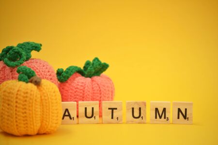 Autumn yellow background with knitted pumpkins. Side view on knitted pumpkins and the inscription Autumn. Happy Thanksgiving Autumn Background. Autumn concept, there is a place for text.の写真素材