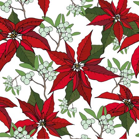 Christmas seamless pattern of red poinsetia and nuts and mistletoe, on a white background. Christmas decoration on white. Vector . Christmas concept.の写真素材
