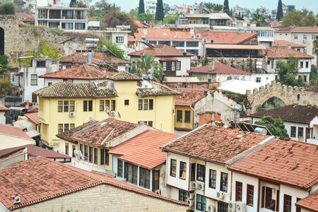Old town Kaleici in Antalya, Turkey - travel background. Top view of the roofs of houses