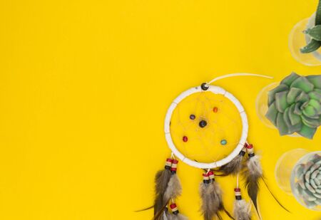 Dreamcatcher with brown feathers on a yellow background. Green succulents flowers are pocked. There is a place for text. Ethnostyle.の写真素材