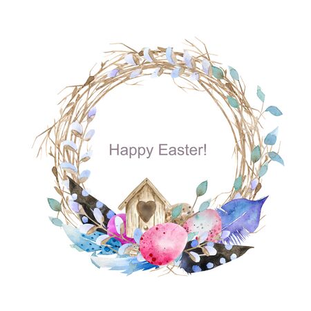 Easter wreath with easter eggs, feathers and spring twigs, and birdhouse for bird drawn in watercolor on a white background. Decorative frame from easter eggs and floral elements. Easter eggs with circle decorations with watercolor dots.の写真素材
