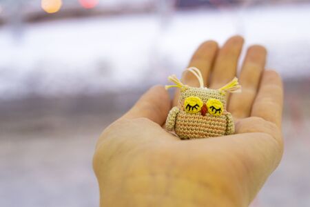 A small multi-colored knitted toy handmade owl sits on a female hand. Amigurumi. Blurred background