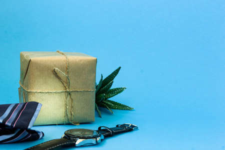 Craft gift tied with jute on a blue background. Nearby lies a blue striped tie, a men's watch and a green succulent flower. Copy space. Men congratulations conceptの写真素材