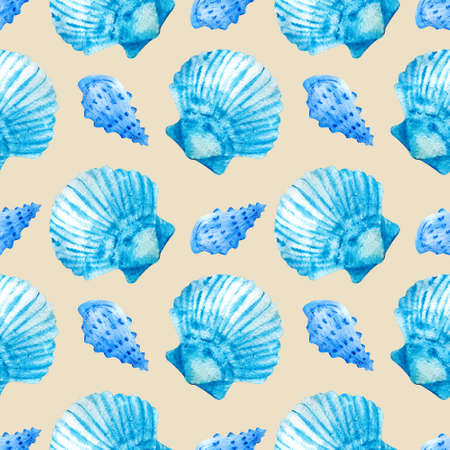 Watercolor seamless patterns with blue seashells on a beige background.