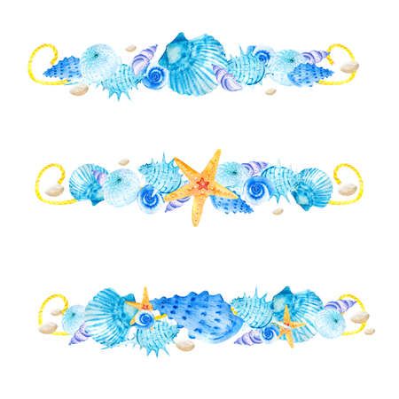 Watercolor clipart compositions for decoration with blue sea shells, orange starfish and snails on a white background. Marine composition. Illustrations for postcard design template hand-drawn.の写真素材