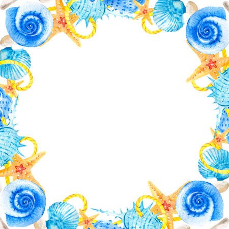 Watercolor square frames with sea shells, stars and snails on a white background. Marine composition illustration. Clipart for hand-drawn postcard design template.の写真素材