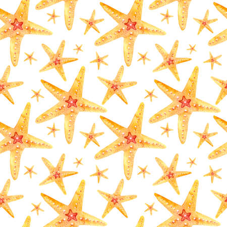 Watercolor seamless patterns hand-drawn with orange starfishes on a white background. Perfect for postcards, patterns, banners, posters, nautical wallpapers, gift wrapping or clothing prints.の写真素材
