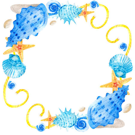 Watercolor frame corners with sea shells and snails on a white background. Marine composition illustration. Clipart for hand-drawn postcard design template.の写真素材