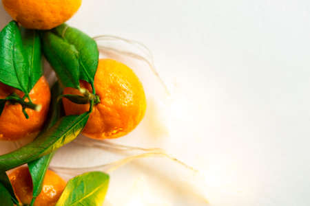 Ripe orange tangerines with a Christmas garland on a white background. Orange citrus fruits and leaves macro shot Christmas composition. Copy space.の写真素材