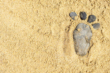 two traces of the feet made of a pebble stones on the sea sand desert surfaceの写真素材
