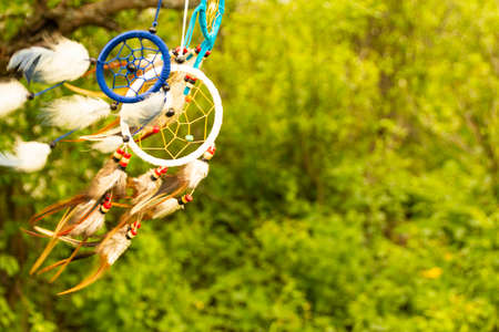 Dreamcatcher at sunset with copy space, symbol, tradition, signs. boho stylDream catchers evolve in the wind, against a blurred green background of plants with copy space, symbol, tradition, signs. boho style.の写真素材