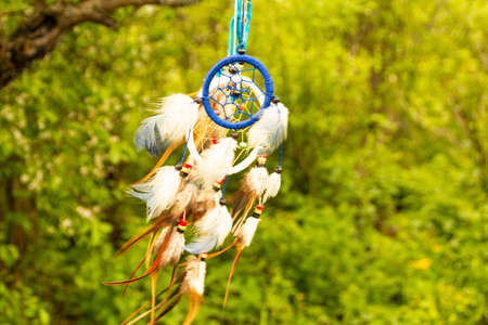 Dreamcatcher at sunset with copy space, symbol, tradition, signs. boho stylDream catchers evolve in the wind, against a blurred green background of plants with copy space, symbol, tradition, signs. boho style.の写真素材
