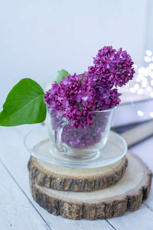 Transparent cup with flowers. Beautiful lilac fills the glass. The spring bouquet is worth no wooden cuts. Macro image of spring lilac purple flowers. Book in the background and lights. Blurredの写真素材