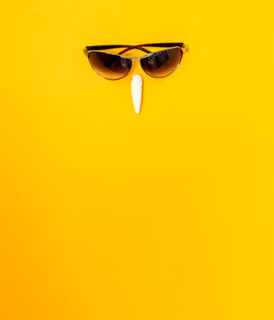 Sunglasses, and a seashell on a bright yellow background. Creative face. selective focus, copy space, banner.の写真素材