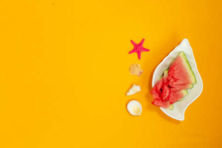 watermelon, seashells, yellow background, background, summer, yellow, vacation, starfish, space, sea, relax, tourism, travel, ocean, tropical, holiday, tree, white, concept, beach, fruit trip green pattern time fresh dream delicious waste plate breakfast shipment top vitamins vegetarian travel leisure abroad exclusive lifestyle symbols colorの写真素材