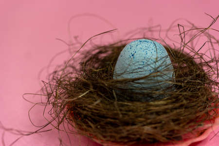 The egg lies in the nest on a pink background. A copy of the space. Easter and spring mood