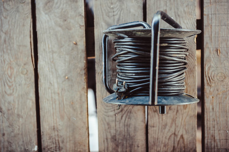 Extension electric cable reel isolated on white backgroundの写真素材