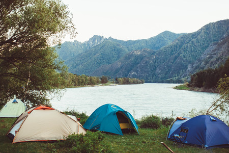 Russia, Siberia, 27.07.2015: Tourist tent in the forest camp near the riverのeditorial素材