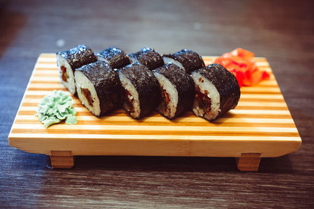 Philadelphia roll sushi with salmon, prawn, avocado, cream cheese. Sushi menu. Japanese foodの写真素材