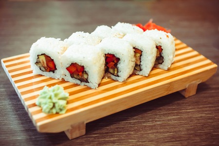 Philadelphia roll sushi with salmon, prawn, avocado, cream cheese. Sushi menu. Japanese foodの写真素材