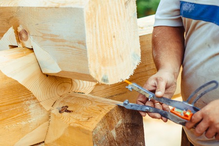 worker makes markings on a log with a pencilの写真素材
