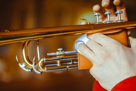 trumpeter plays the trumpet at home musicianの写真素材