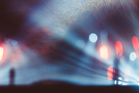 Stage lights on concert. Lighting equipment with multicolored beams.の写真素材