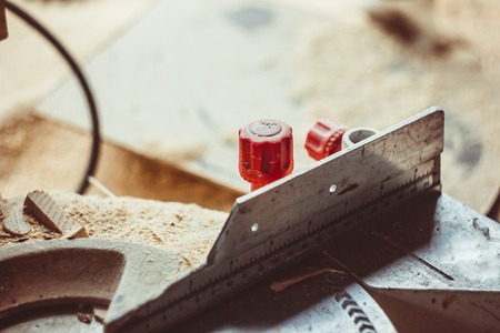 Tools in the workshop. Sawdust on the desktop. Lathe workの写真素材