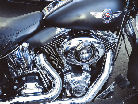 St. Petersburg, Russia, 06.08.2017: Dashboard and steering wheel of the motorcycle installed on the street during the festival of bikesのeditorial素材