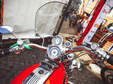 St. Petersburg, Russia, 06.08.2017: Dashboard and steering wheel of the motorcycle installed on the...