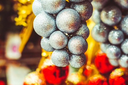 Decorated Christmas tree on blurred, sparkling and fairy backgroundの写真素材