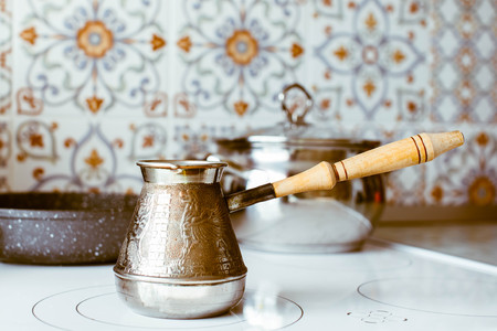 Valentine's day Breakfast croissant and coffee is served in a tray with heartの写真素材