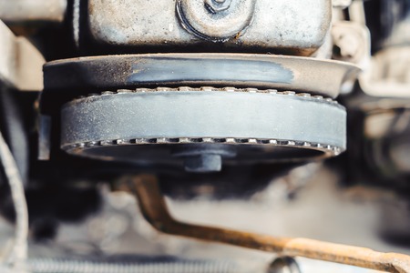 timing belt on an old car close upの写真素材