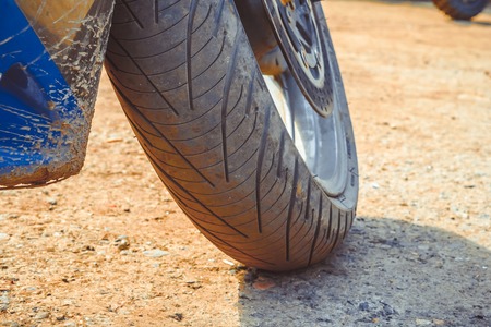 Motorcycle tire great bike-closeup of the front wheel of a large bike on the streets of Superbike...