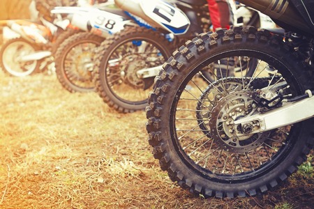 wheel with large tread motocross bike closeupの写真素材