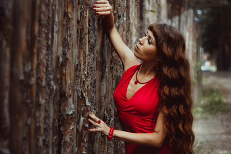 Beautiful young woman in red dress leaning on wooden fenceの写真素材